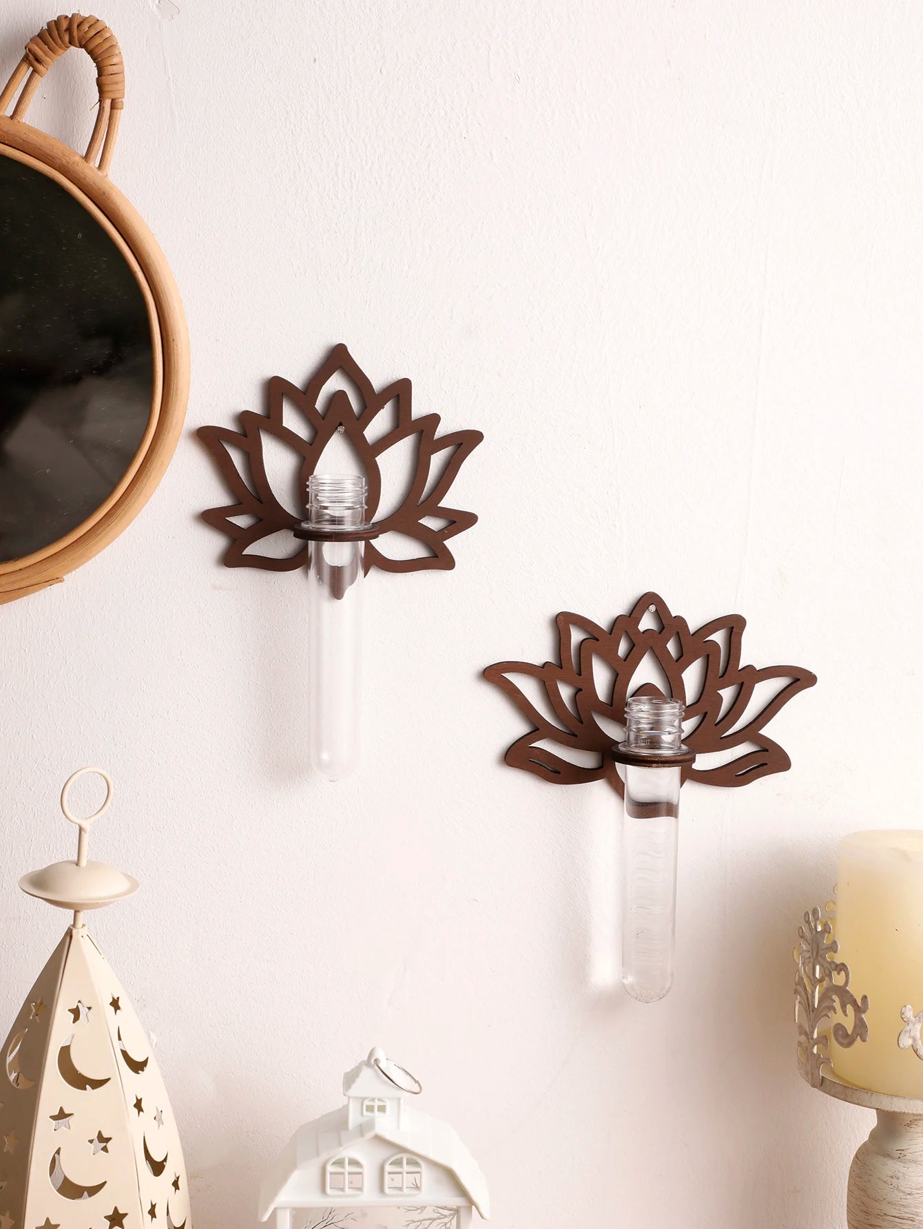 Lotus Shape Wooden Wall Planter & Vase Stand