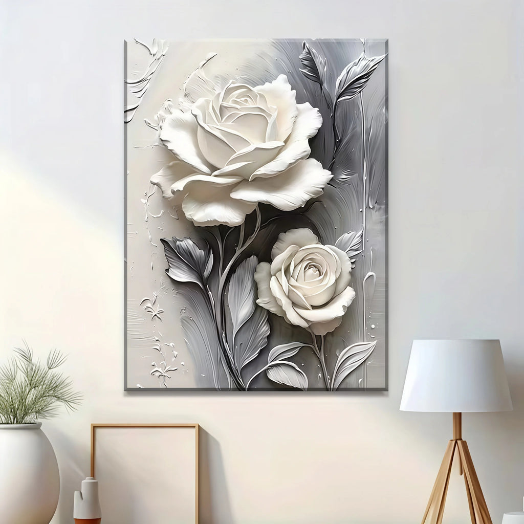 Elegant White Rose Canvas Art Vertical Floral Wall Decor