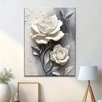 Elegant White Rose Canvas Art Vertical Floral Wall Decor