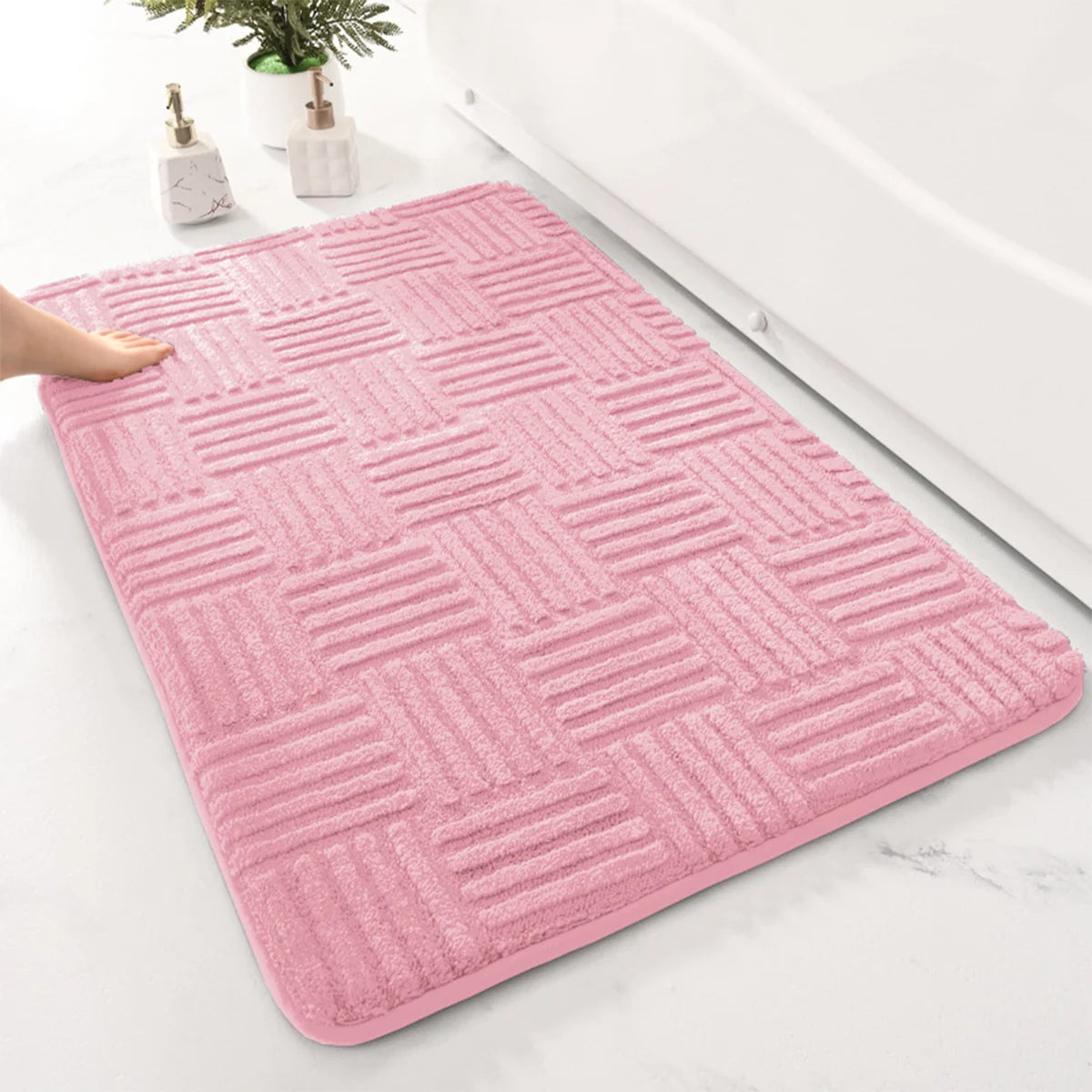 Thickened Striped Bathroom Floor Mat Non-Slip Absorbent Cotton Velvet Rug Solid Color