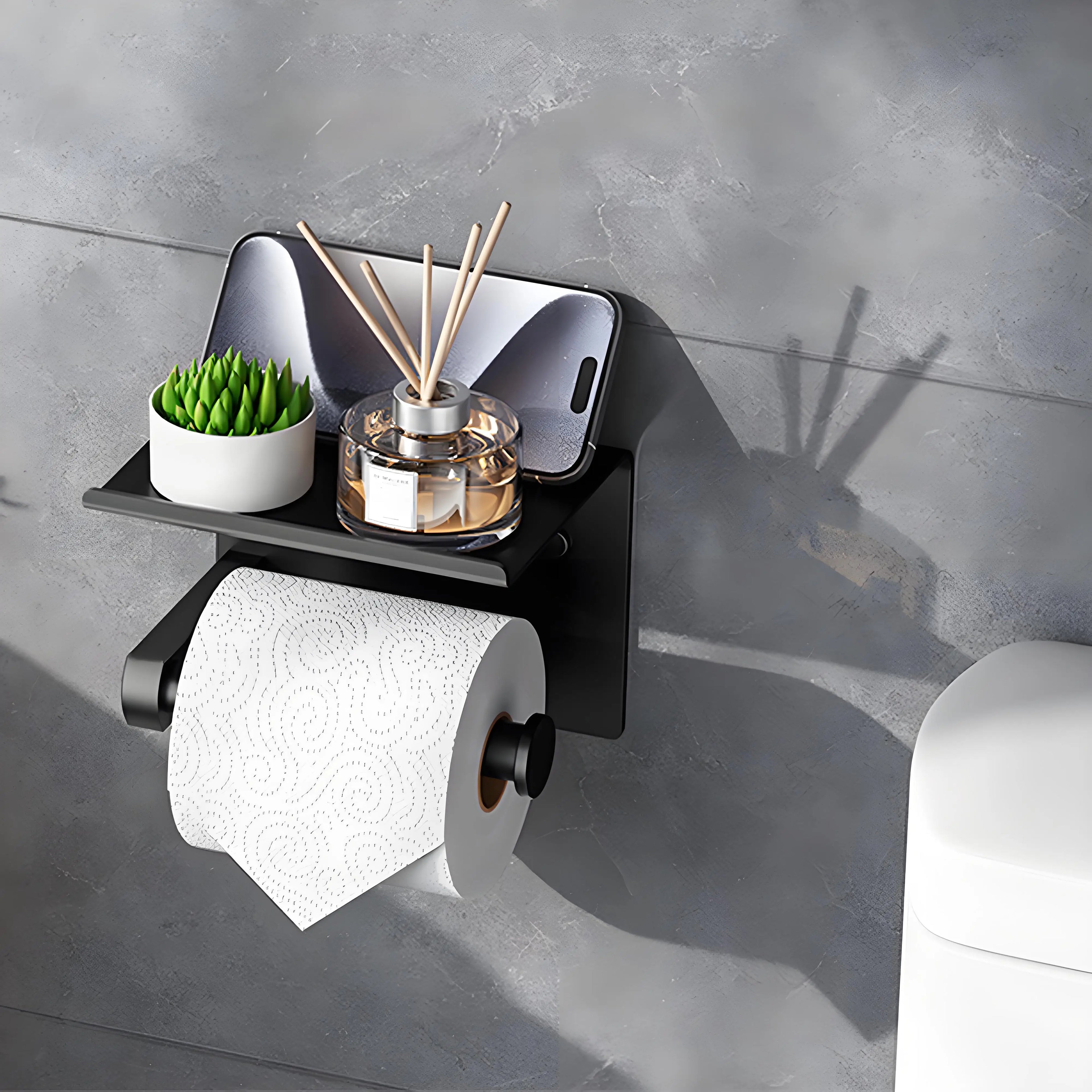 Self-Adhesive Stainless Steel Toilet Paper Holder with Phone Shelf Wall-Mount