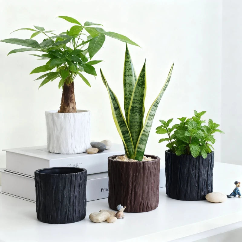 Mini Plastic Flower Pots Imitating Tree Bark