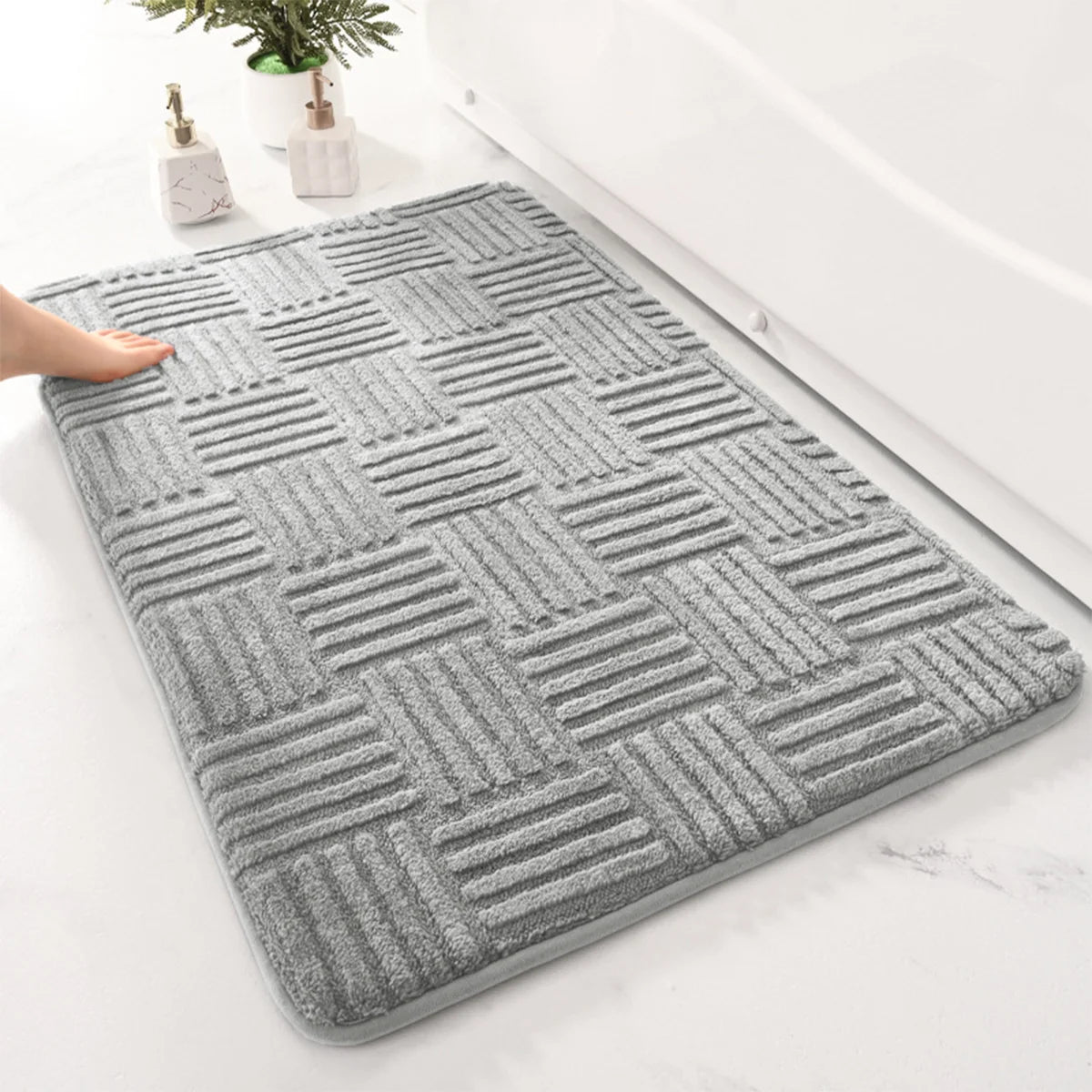 Thickened Striped Bathroom Floor Mat Non-Slip Absorbent Cotton Velvet Rug Solid Color