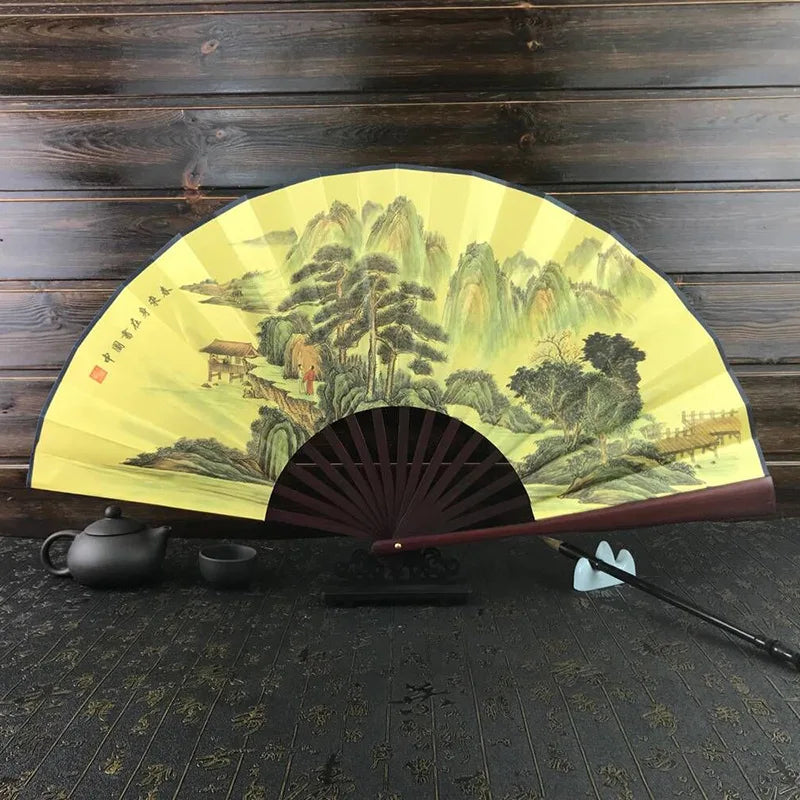 Silk & Bamboo Folding Fan Retro Decorative Handheld Fan 27x48cm