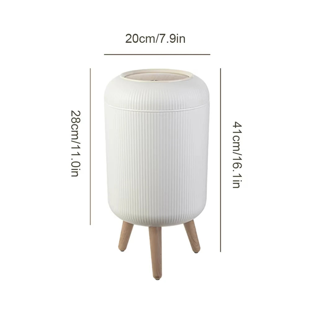Wooden High Foot Trash Can Bathroom & Kitchen Waste Bin with Press Cover Living Room Garbage Container