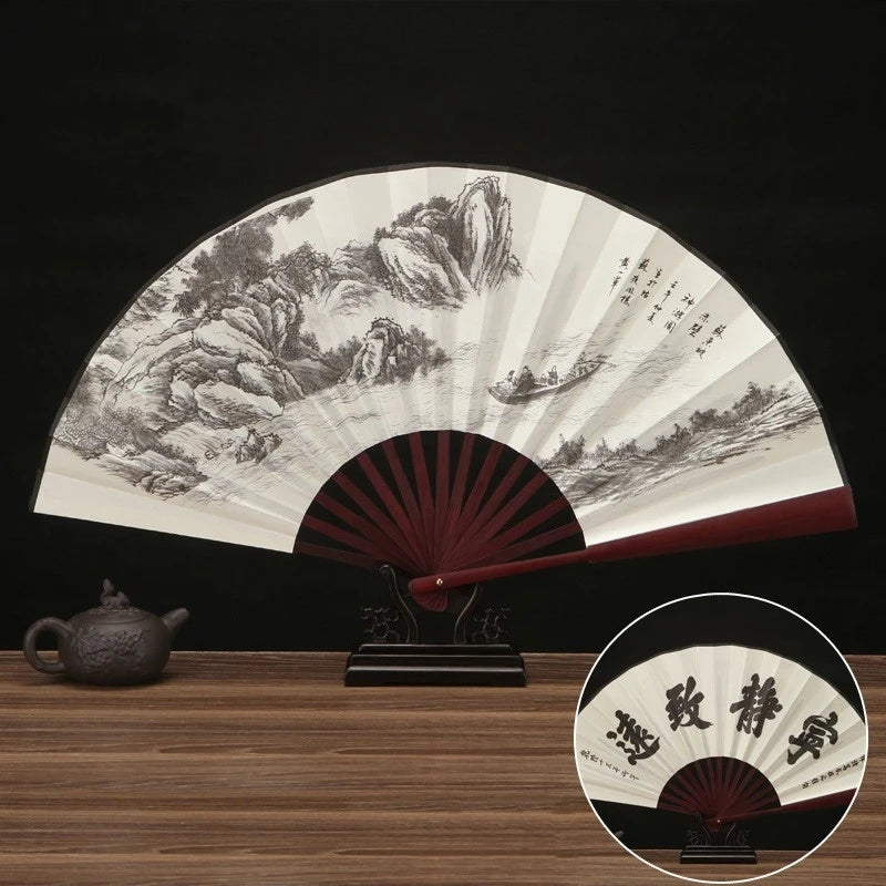 Silk & Bamboo Folding Fan Retro Decorative Handheld Fan 27x48cm