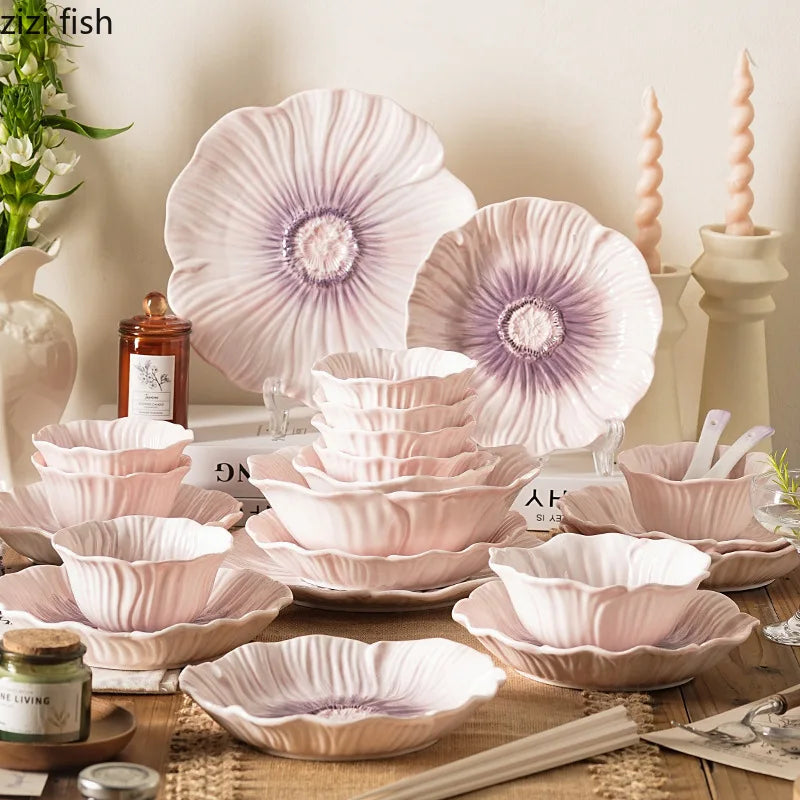 Relief Purple Floral Ceramic Plate – Flower Shaped Durable Tableware