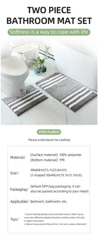2-Piece Striped Microfiber Bathroom Carpet Set – Non-Slip, Quick-Dry, Machine Washable with TPR Backing