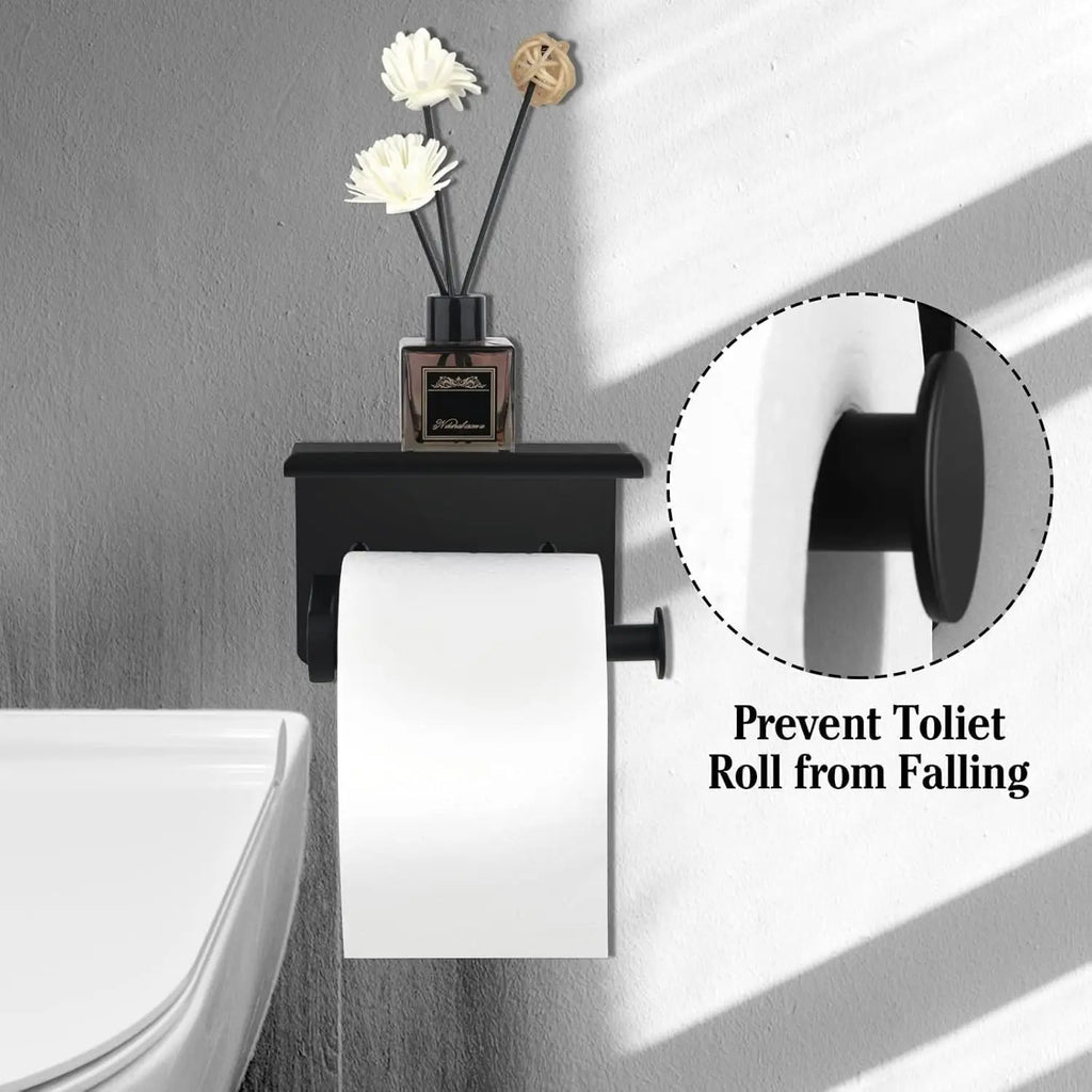 Self-Adhesive Stainless Steel Toilet Paper Holder with Phone Shelf Wall-Mount