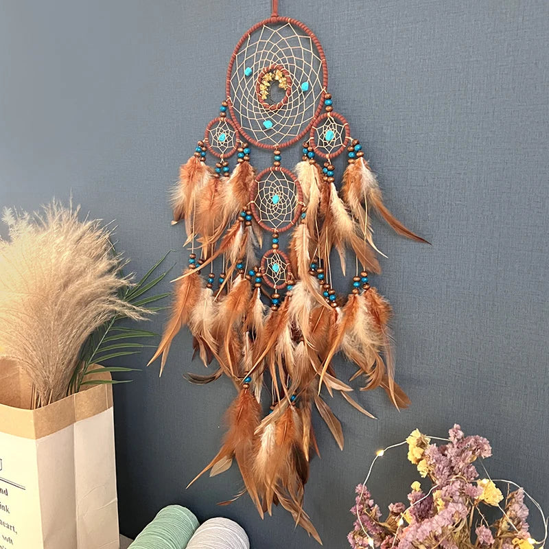 Auspicious Five Rings Dream Catcher Feather Wall Hanging Decor