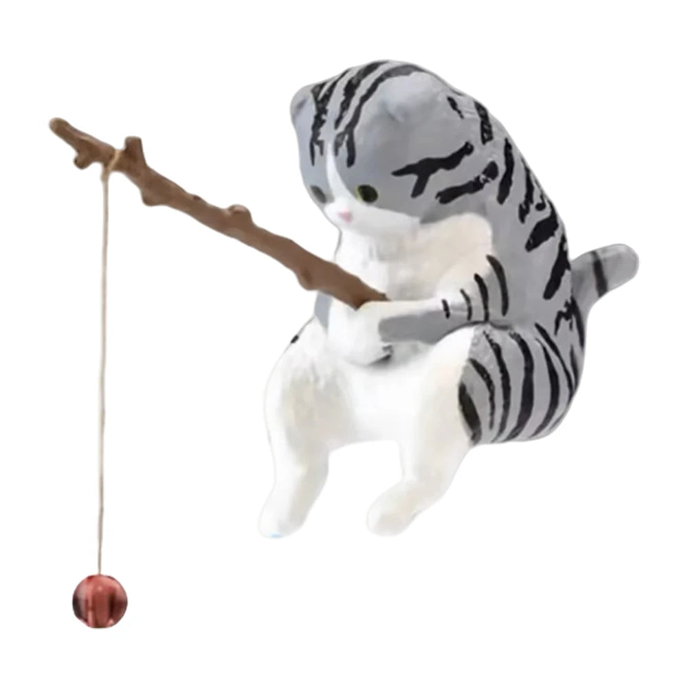 Cute Fishing Cat Figurine PVC Mini Animal Statue Modern Home Decor