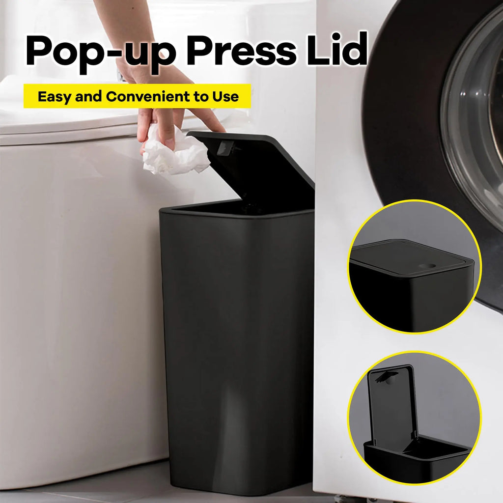 Bathroom Trash Can 10L – Small Plastic Garbage Bin with Press Lid for Toilet, Bedroom & Living Room