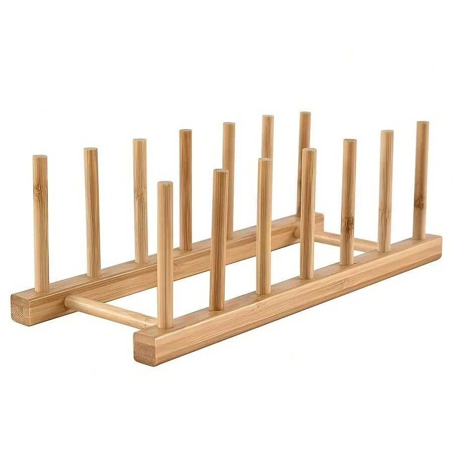 Natural Bamboo Dish & Bowl Storage Rack – Single Tier Floor Organizer