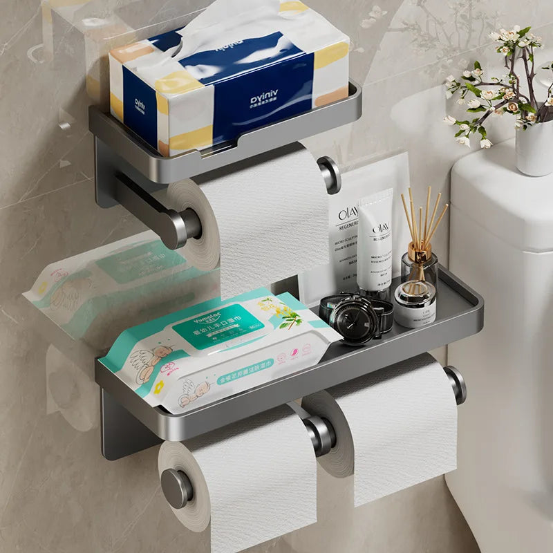 Wall-Mounted Toilet Paper Holder with Mobile Phone Shelf Bathroom & Kitchen Roll Rack