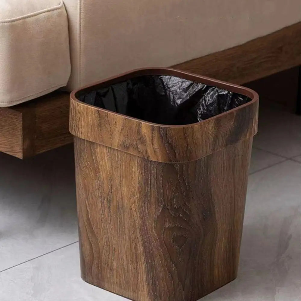 Square Wood Grain Trash Can 12L Plastic Waste Bin for Home, Office & Bathroom