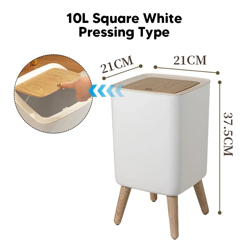 Wooden High Foot Trash Can Bathroom & Kitchen Waste Bin with Press Cover Living Room Garbage Container