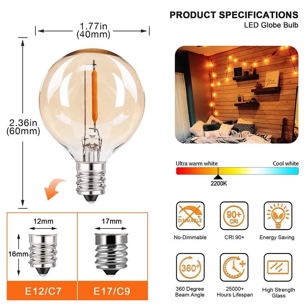 G40 Amber Glass String Lights 220V Waterproof Wedding Decor