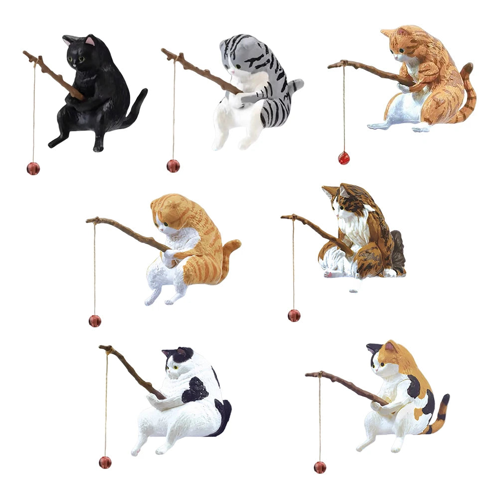 Cute Fishing Cat Figurine PVC Mini Animal Statue Modern Home Decor