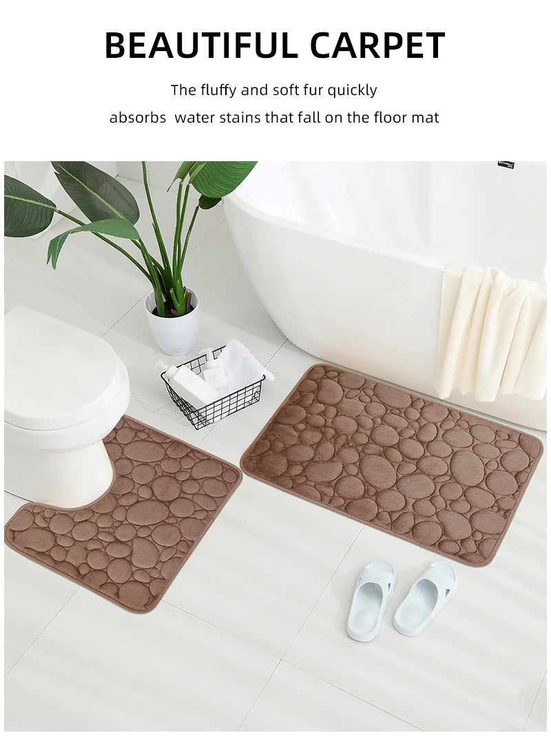 Embroidered Pebble Coral Velvet Bathroom Mat Set U-Shaped Absorbent Foot Rug Two-Piece