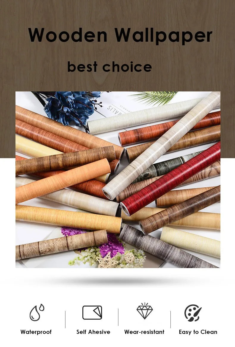PVC Vinyl Wood Grain Wallpaper Self-Adhesive Waterproof 60cm Roll