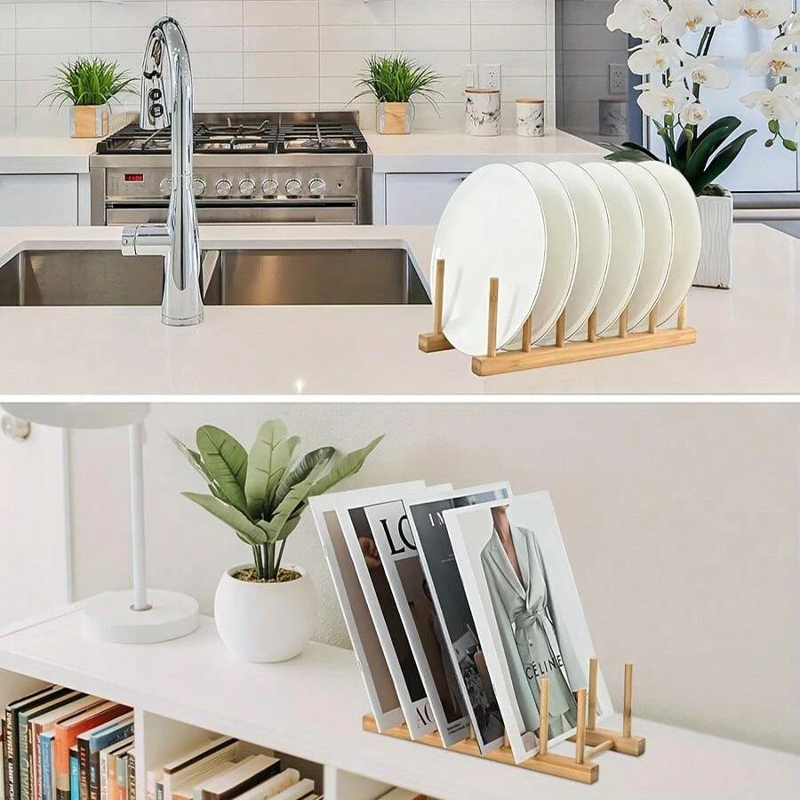 Natural Bamboo Dish & Bowl Storage Rack – Single Tier Floor Organizer