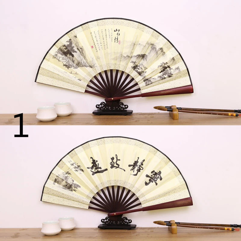 Silk & Bamboo Folding Fan Retro Decorative Handheld Fan 27x48cm