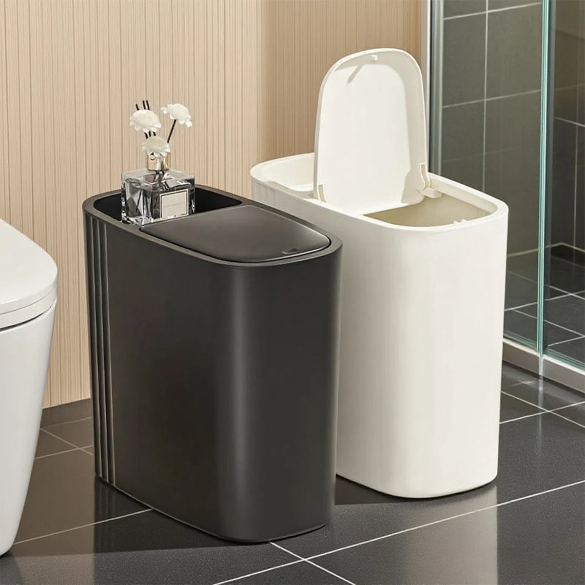 Large Capacity Bathroom Trash Can with Lid – Odor-Sealing Plastic Waste Bin for Bathroom