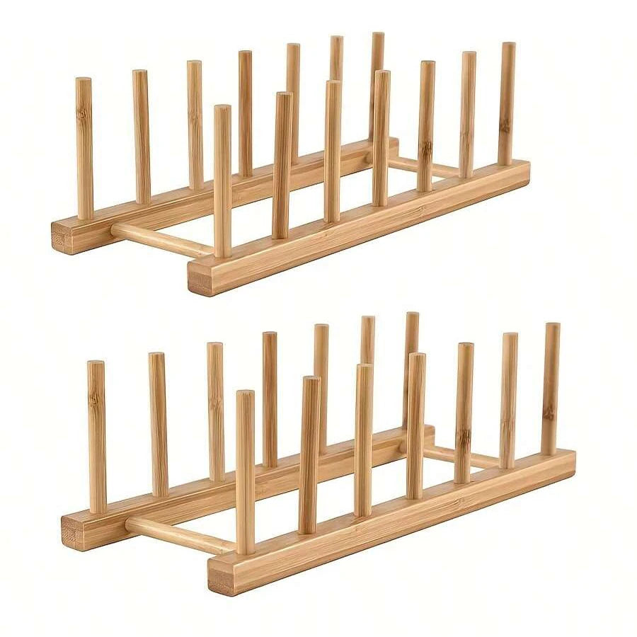 Natural Bamboo Dish & Bowl Storage Rack – Single Tier Floor Organizer