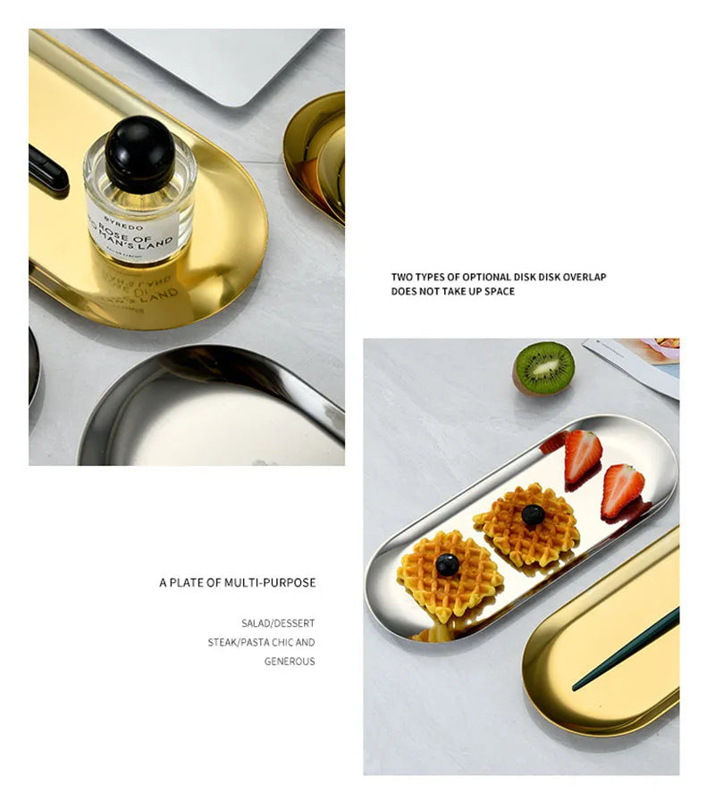 Oval Stainless Steel Dining & Dessert Plate – Gold & Silver Snack Tray