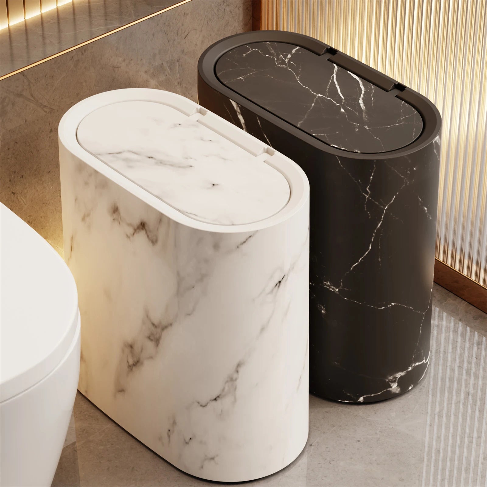 Bathroom Trashcan with Lid, Marble Wood Pattern Plastic Waste Bin for Home, Office, School