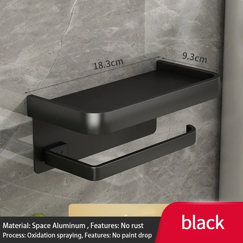 Wall-Mounted Aluminum Toilet Paper Holder with Mobile Phone Shelf Bathroom Storage Rack