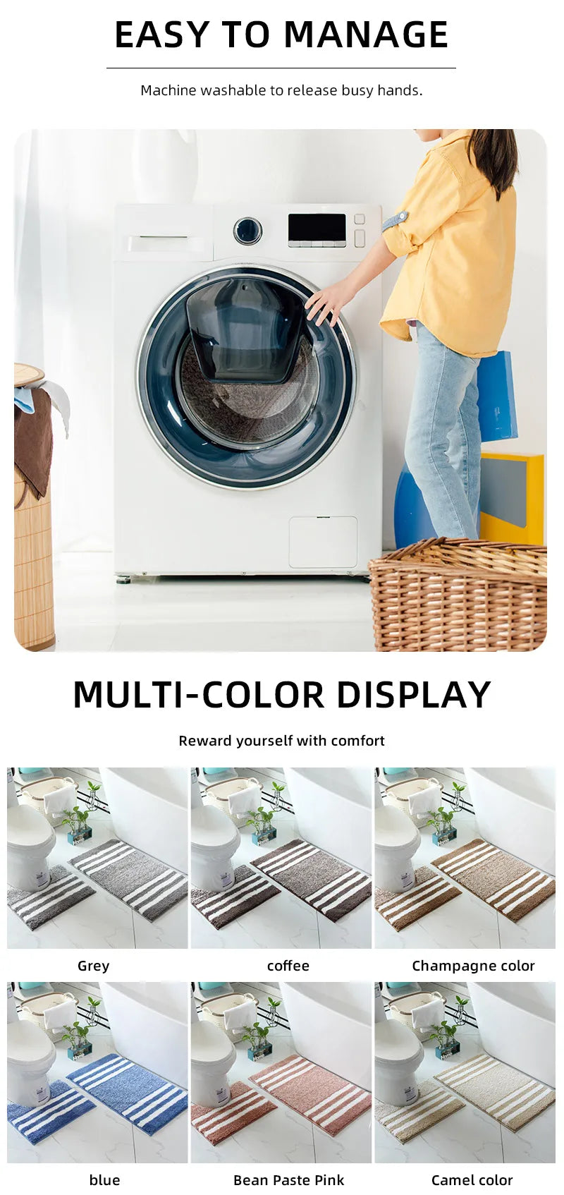 Striped microfiber bathroom carpet set 2-piece,waterproof,non-slip and quick drying,machine washable,TPR backing, medium velvet