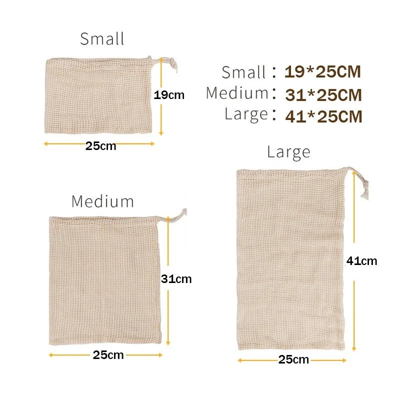 Reusable Cotton Mesh Vegetable Bags – 3 Sizes, Eco-Friendly Produce Storage