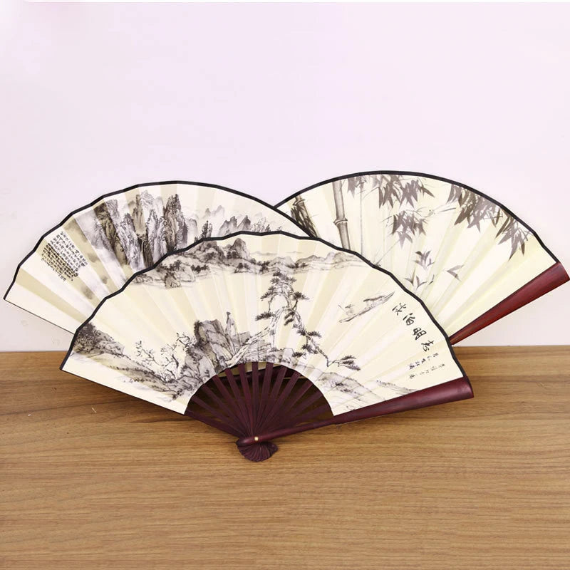 Silk & Bamboo Folding Fan Retro Decorative Handheld Fan 27x48cm