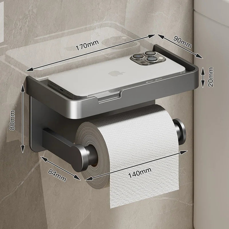 Black Gold Wall-Mounted Toilet Paper Holder with Phone & Towel Shelf Bathroom Rack