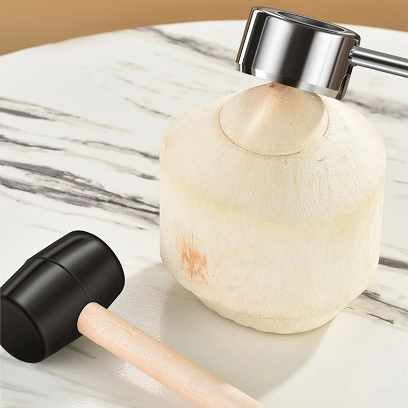 Coconut Opener Tool Set – Stainless Steel Coconut Cutter & Rubber Hammer, Safe & Easy to Use