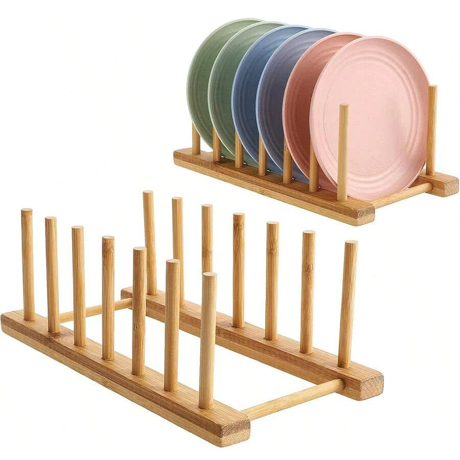 Natural Bamboo Dish & Bowl Storage Rack – Single Tier Floor Organizer