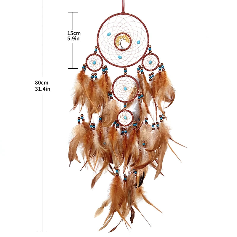 Auspicious Five Rings Dream Catcher Feather Wall Hanging Decor