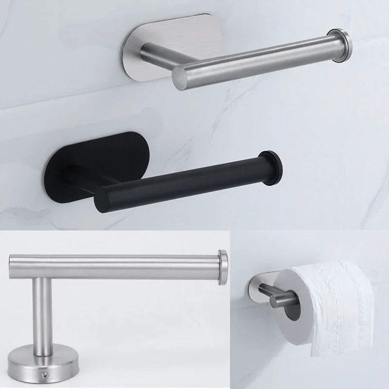 Black Stainless Steel Toilet Paper Holder Self-Adhesive Bathroom Tissue Rack