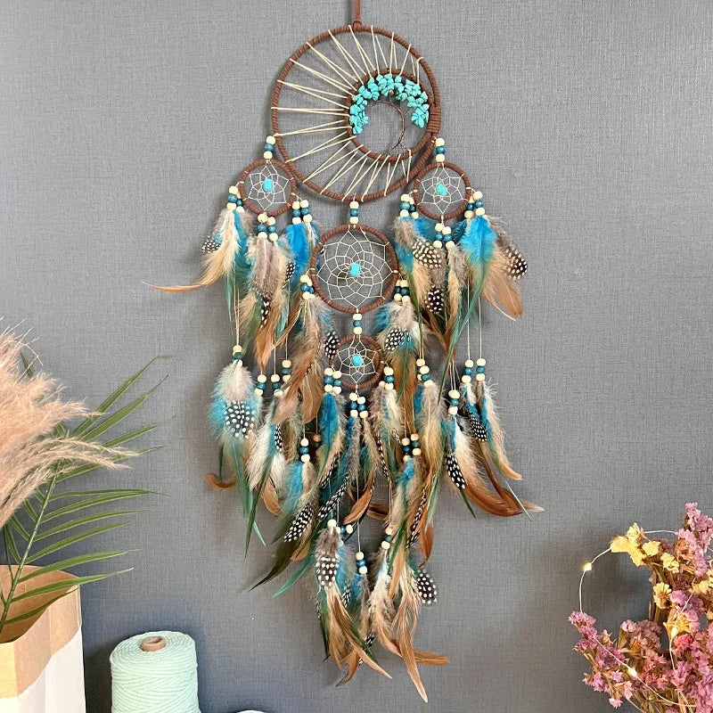Auspicious Five Rings Dream Catcher Feather Wall Hanging Decor