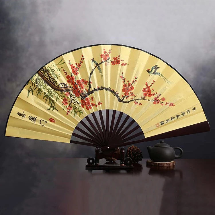 Silk & Bamboo Folding Fan Retro Decorative Handheld Fan 27x48cm