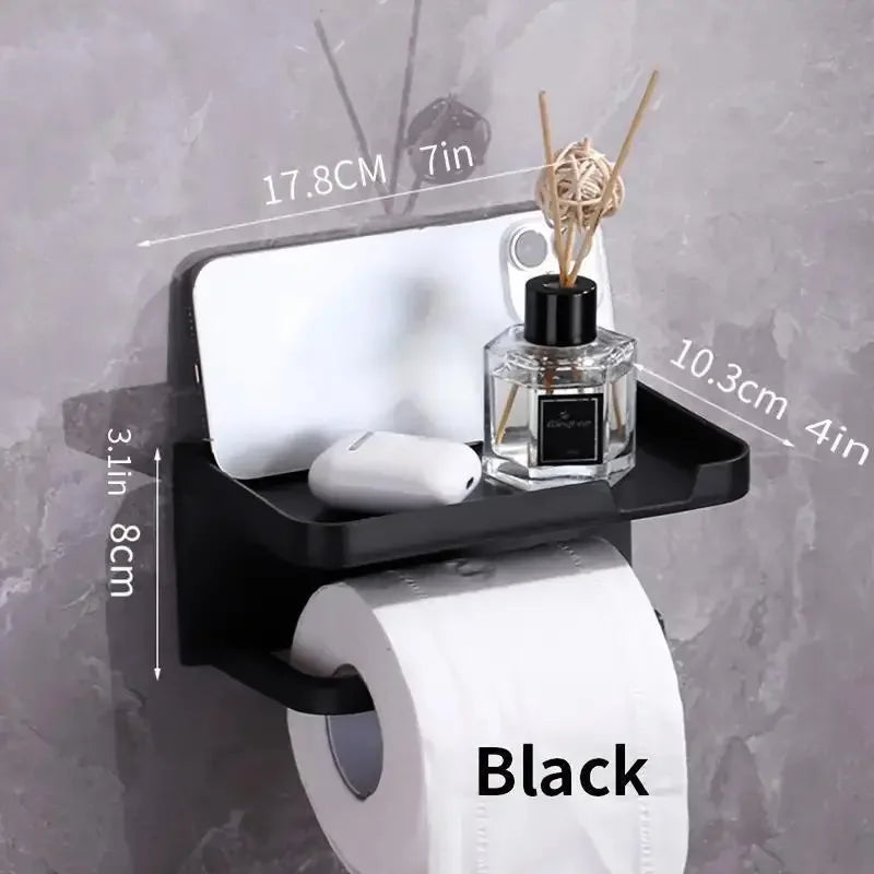 Wall-Mounted No-Drill Toilet Paper Holder with Shelf & Phone Stand, Plastic Bathroom Tissue Dispenser