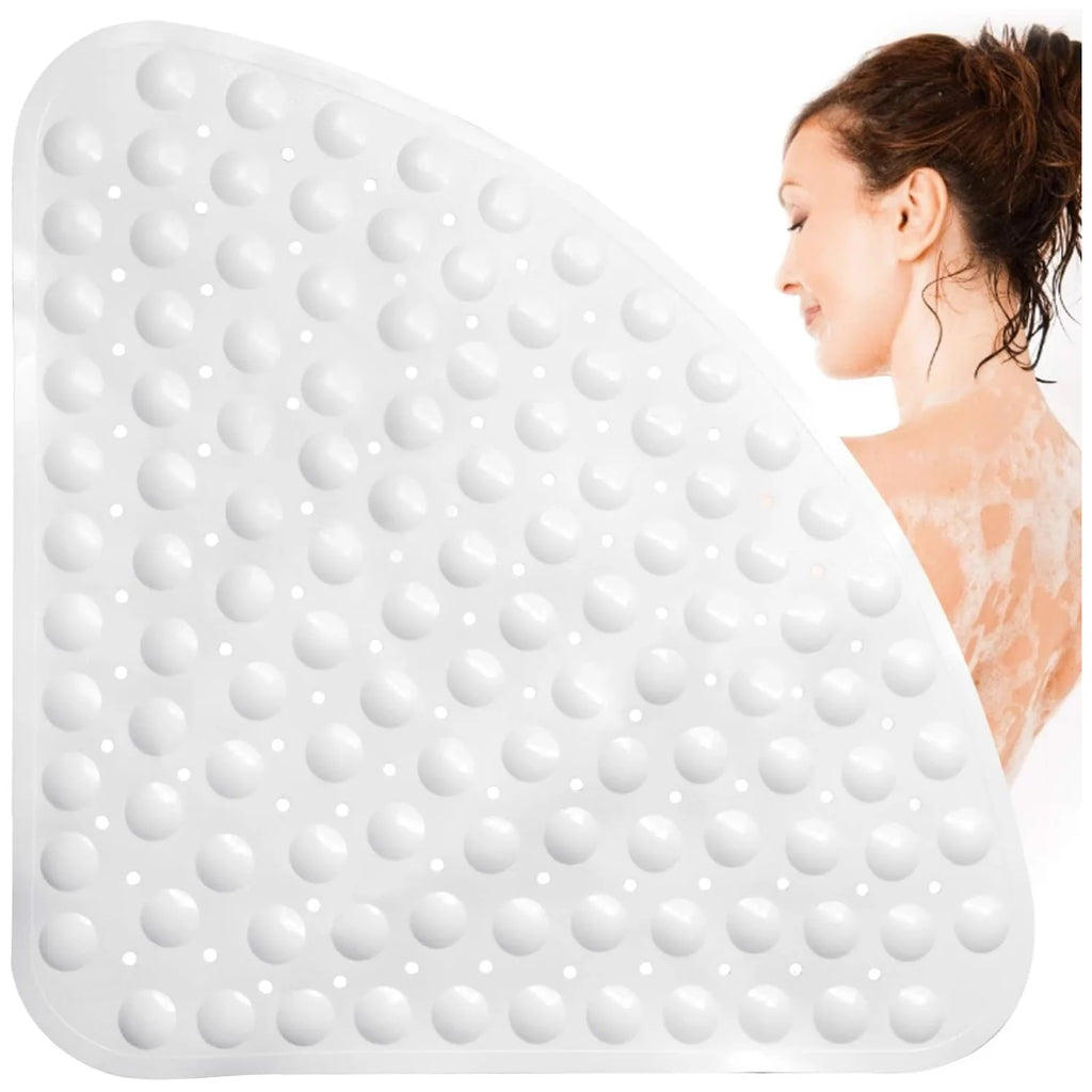 Non-Slip Corner Shower Mat 54x54cm – Rubber Suction Cup Bath Mat with Drain Holes & Massage Foot Surface