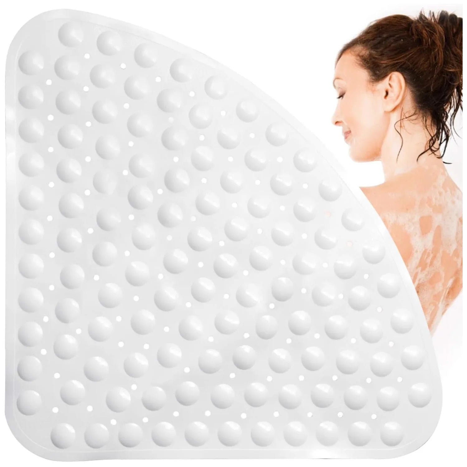 Non-Slip Corner Shower Mat 54x54cm – Rubber Suction Cup Bath Mat with Drain Holes & Massage Foot Surface