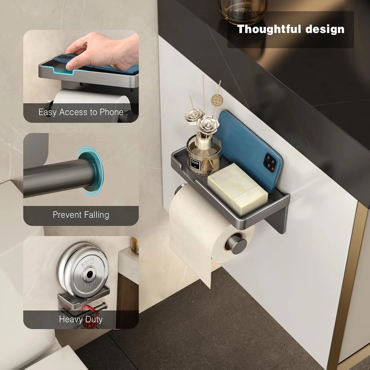 Wall-Mounted Toilet Paper Holder with Mobile Phone Shelf Bathroom & Kitchen Roll Rack