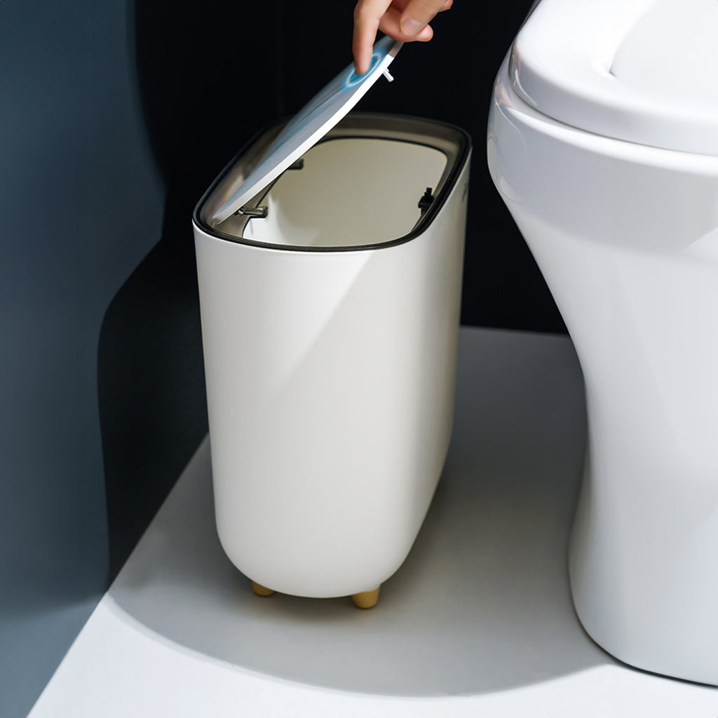 Narrow Press Ring Trash Can with Lid – Bathroom Gap Garbage Bin for Sorting