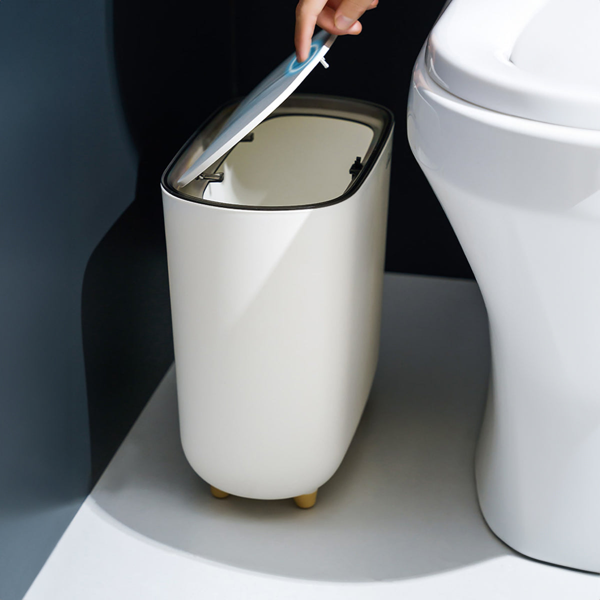 Narrow Press Ring Trash Can with Lid – Bathroom Gap Garbage Bin for Sorting