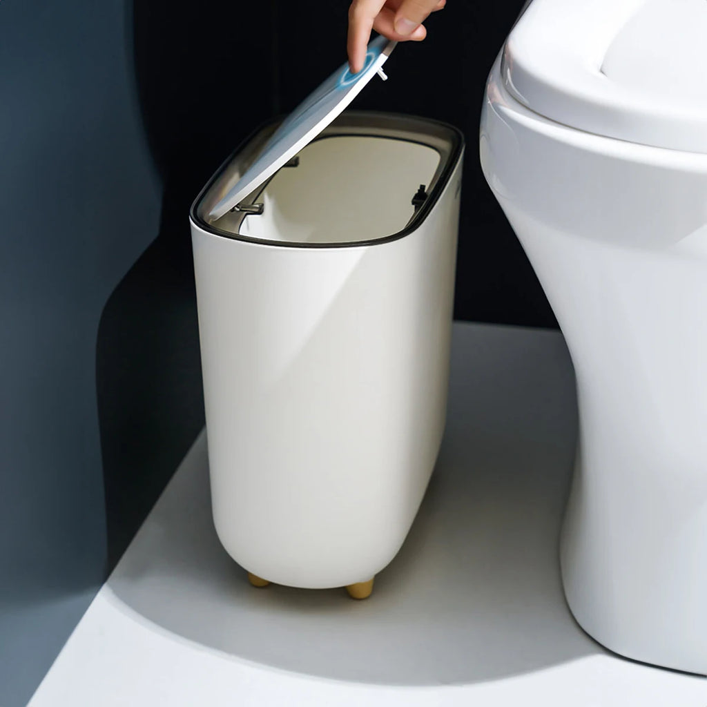 Narrow Press Ring Trash Can with Lid – Bathroom Gap Garbage Bin for Sorting