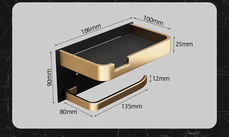 Black Gold Wall-Mounted Toilet Paper Holder with Phone & Towel Shelf Bathroom Rack
