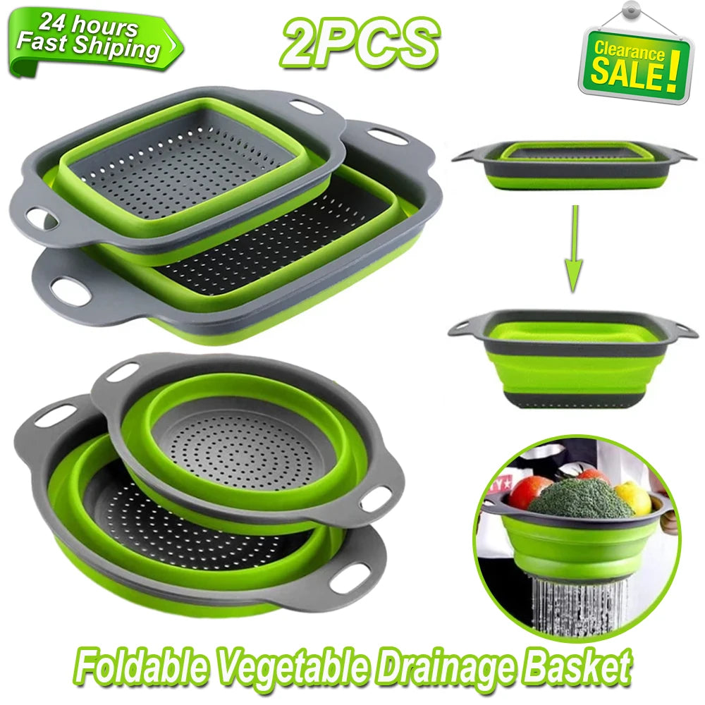 2PCS Silicone Folding Drain Basket – Square & Round Kitchen Strainer